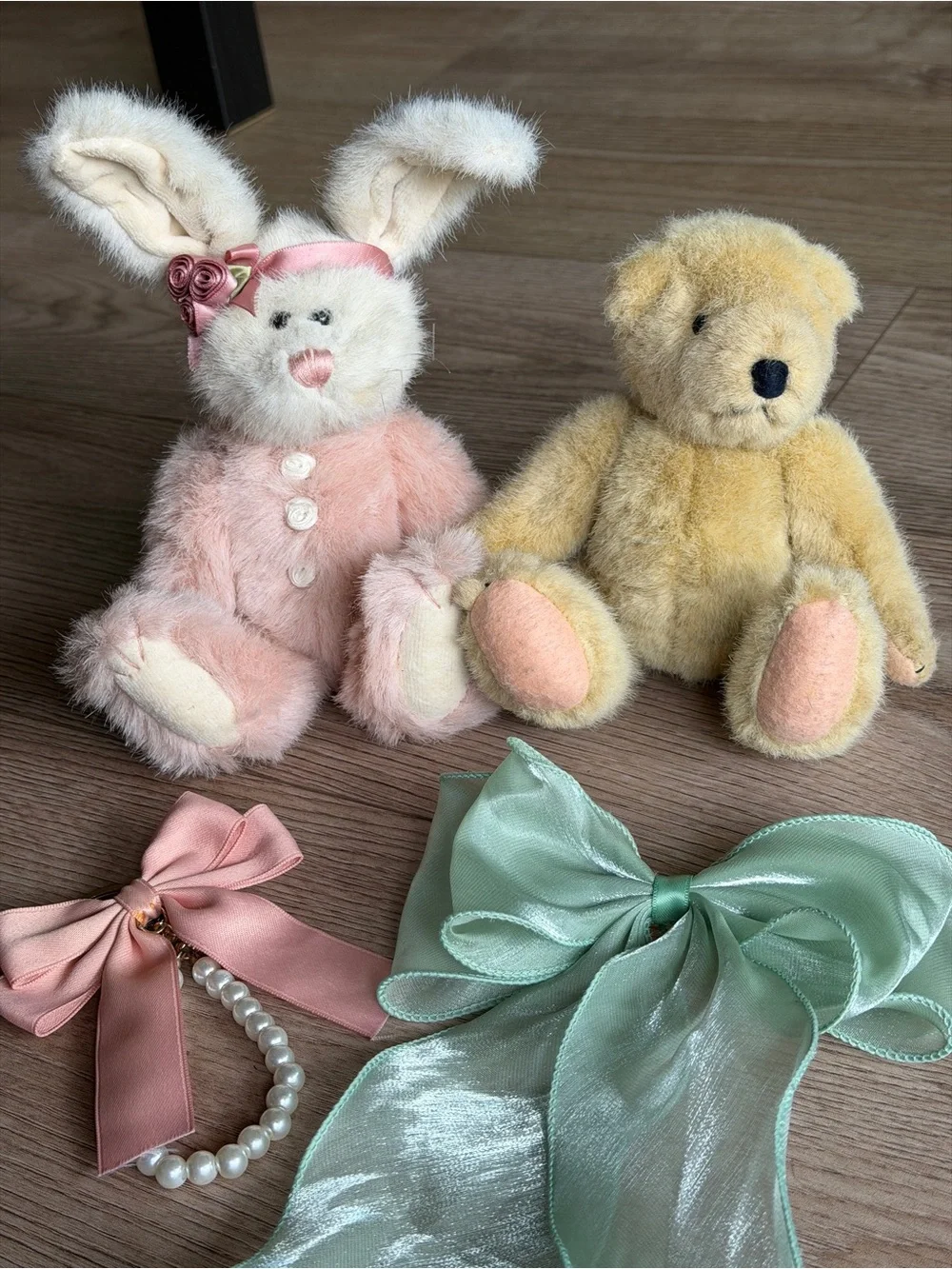 Plush Pink Bunny and Mint Bow Bear Pair - Kids Accessories